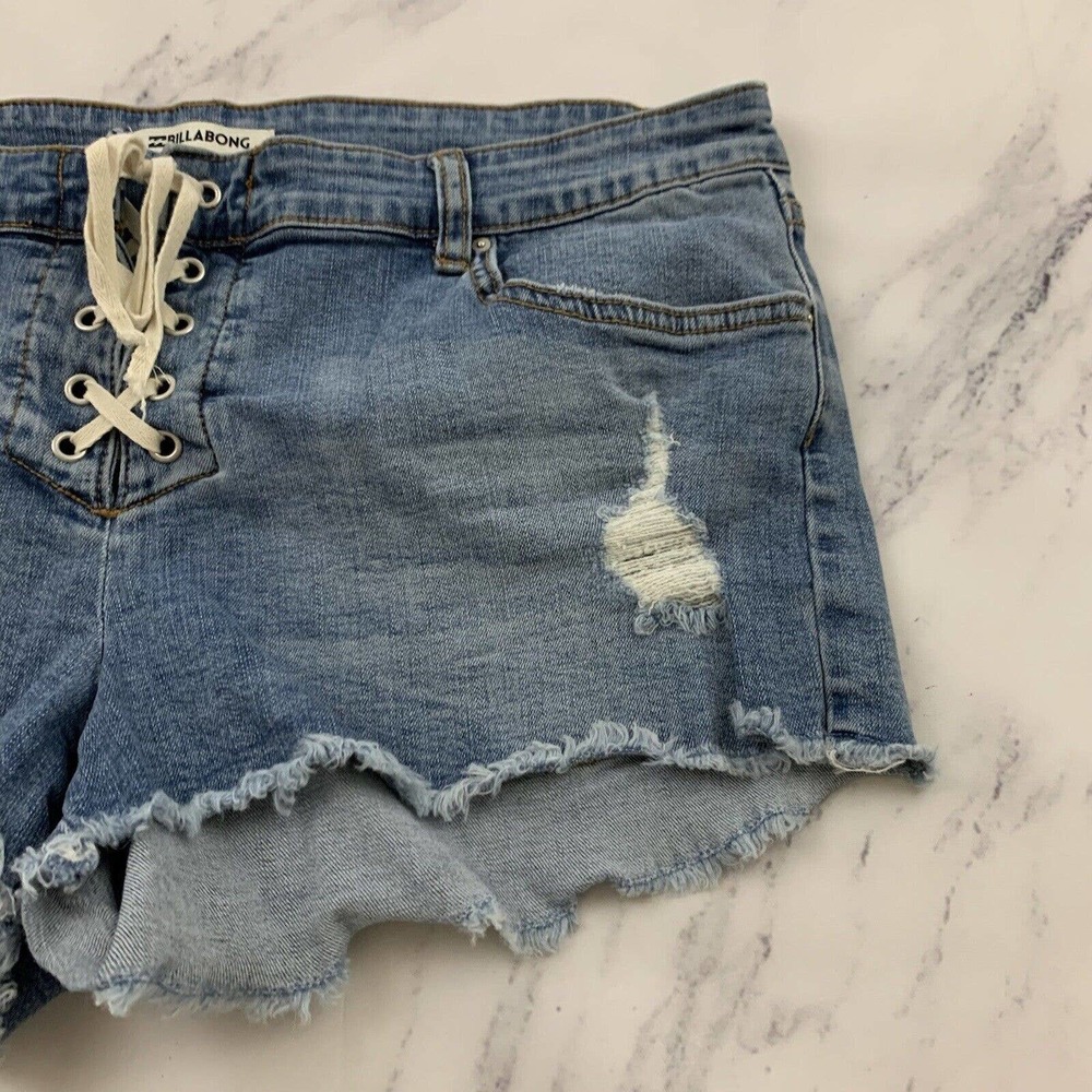 Billabong Womens Lace Up Jean Denim Shorts Size 30 Distressed Cut Offs Stretch - Picture 2 of 8